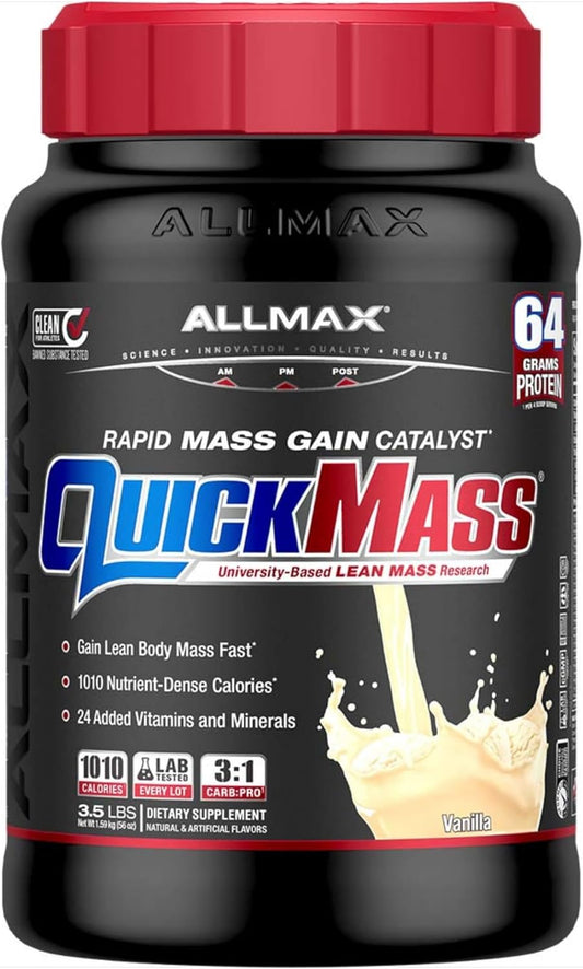 ALLMAX Nutrition QUICKMASS Vanilla 3.5 lb - Mass Gainer with 64g Protein - 3:1 Carb to Protein Ratio - 24 Servings