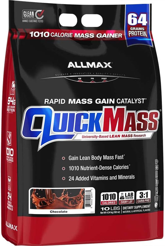 ALLMAX QUICKMASS Chocolate 10 lb - High Protein Mass Gainer with 3:1 Carb to Protein Ratio - Zero Trans Fat - 70 Servings