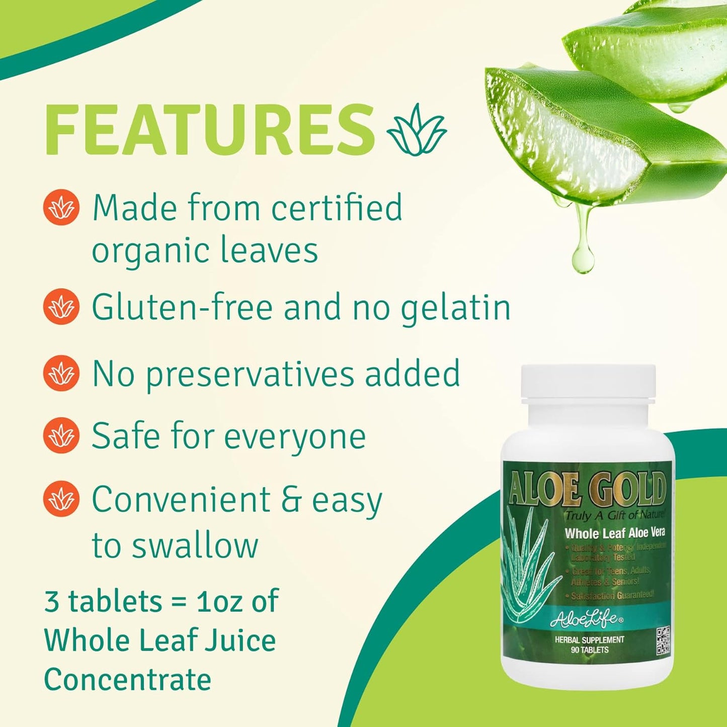 Aloe Gold Tablets - Immune Support and Digestive Health Supplement with Certified Organic Aloe Vera Leaves (90 Tablets)
