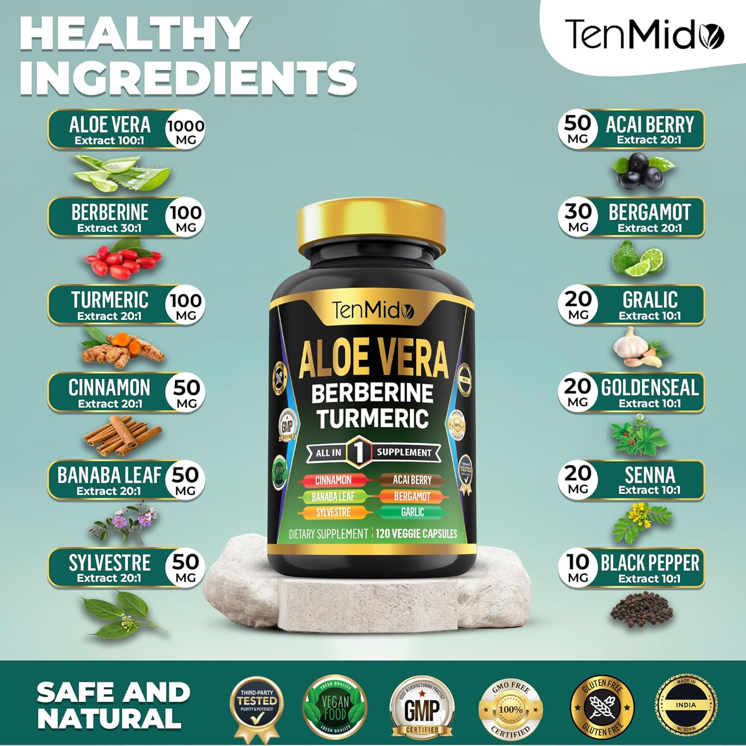 Aloe Vera Capsules Supplement with 12-in-1 Formula - Berberine, Turmeric, Ceylon Cinnamon, and More - 120 Capsules