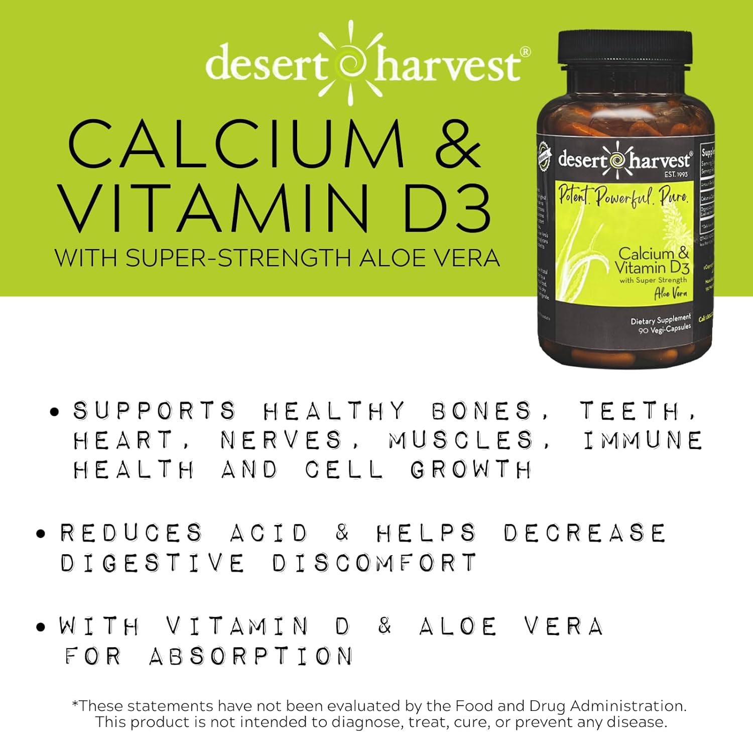 Aloe Vera Enhanced Calcium Carbonate 250mg + Vitamin D3 100IU Supplement, 90 Capsules