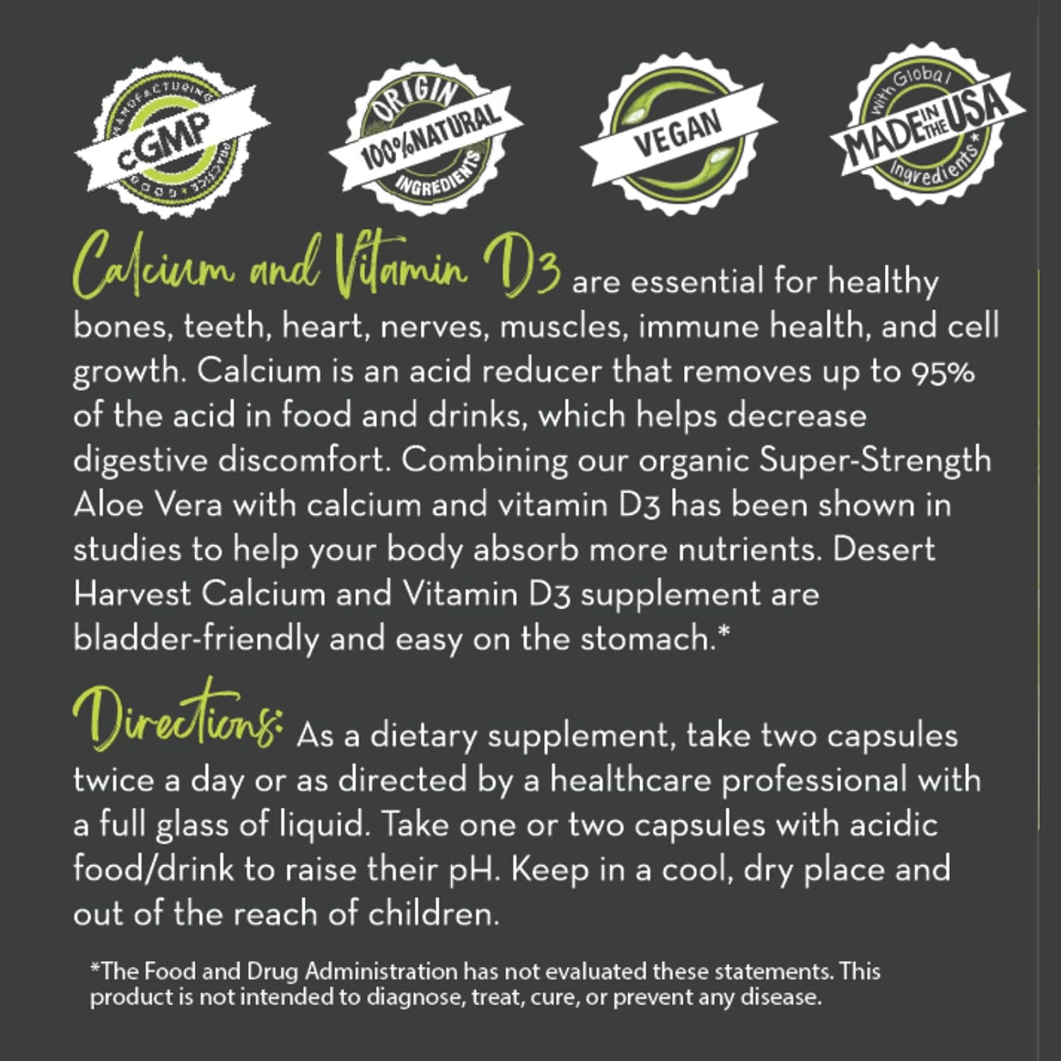 Aloe Vera Enhanced Calcium Carbonate 250mg + Vitamin D3 100IU Supplement, 90 Capsules