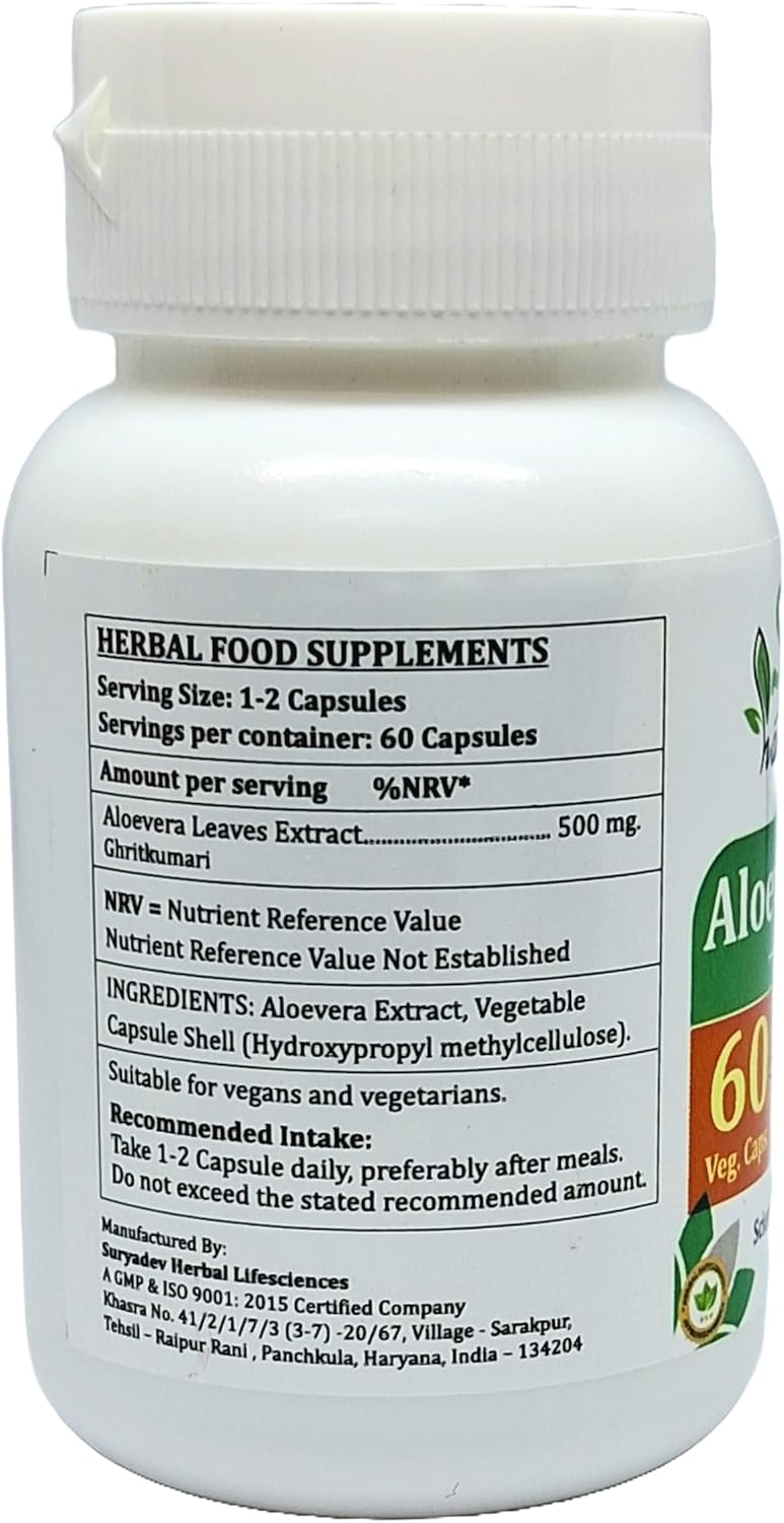 Aloevera Forte Capsules 500mg - 60 Veg Capsules | Men & Women | Ayurvedic Herbal Supplement | 1 Month Supply