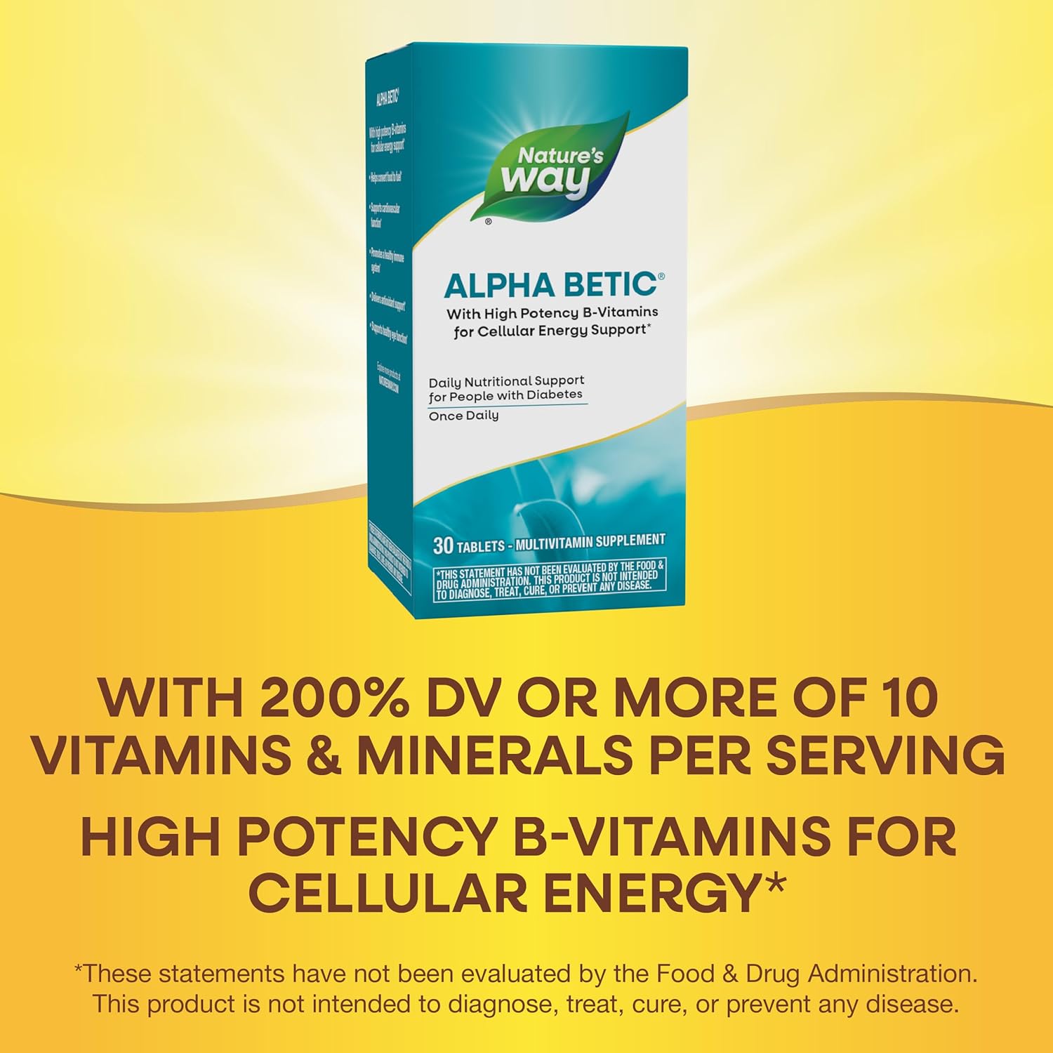 Alpha betic Diabetic Multivitamin with B-Vitamins for Energy Metabolism Support, Alpha Lipoic Acid, Taurine, Lutein - 30 Tablets