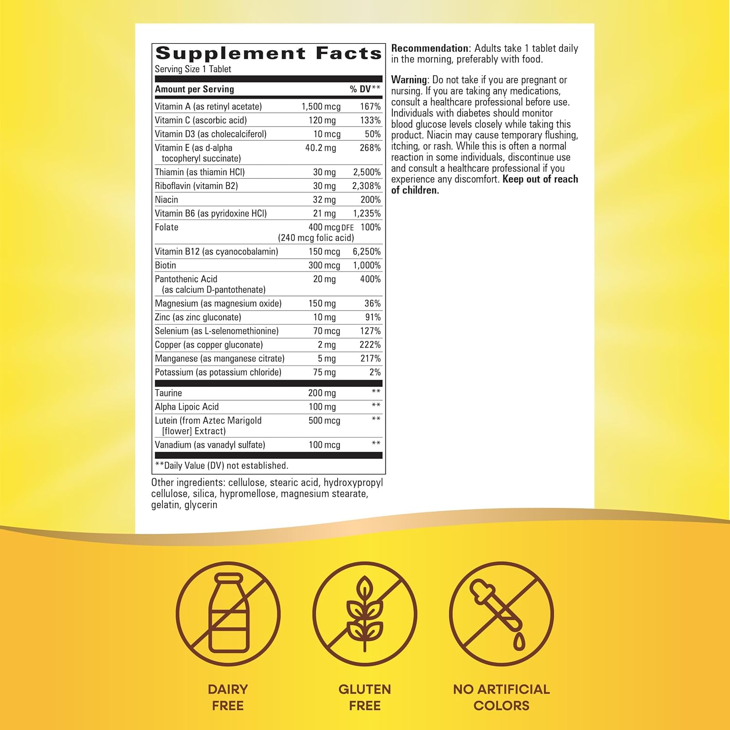 Alpha betic Diabetic Multivitamin with B-Vitamins for Energy Metabolism Support, Alpha Lipoic Acid, Taurine, Lutein - 30 Tablets