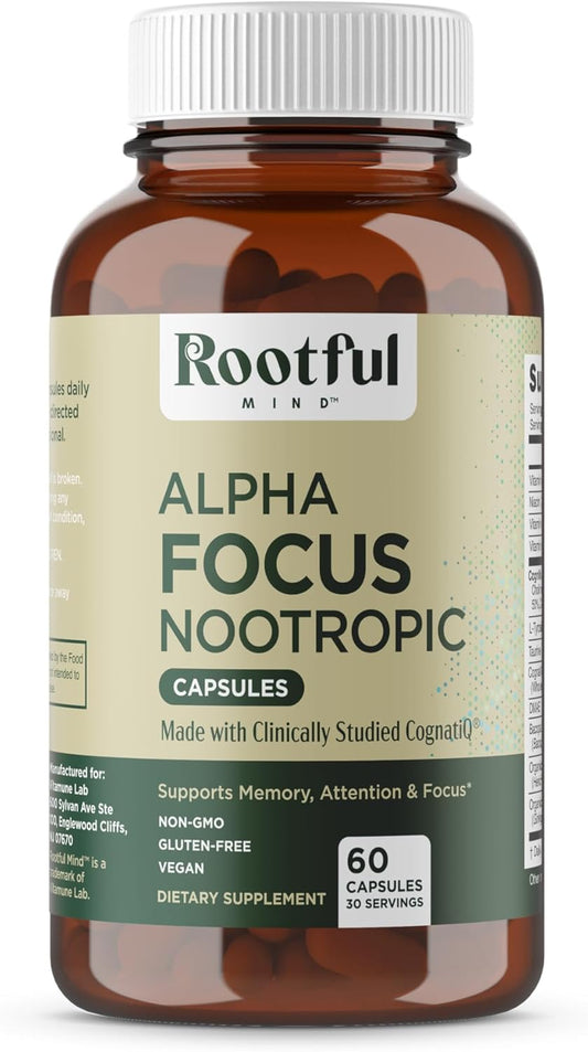 Alpha Focus Nootropic Supplement for Memory and Focus - 60 Capsules with Choline, Citicoline, GPC, L-Tyrosine, Bacopa Monnieri, DMAE, Gingko Biloba, Lion's Mane, Niacinamide