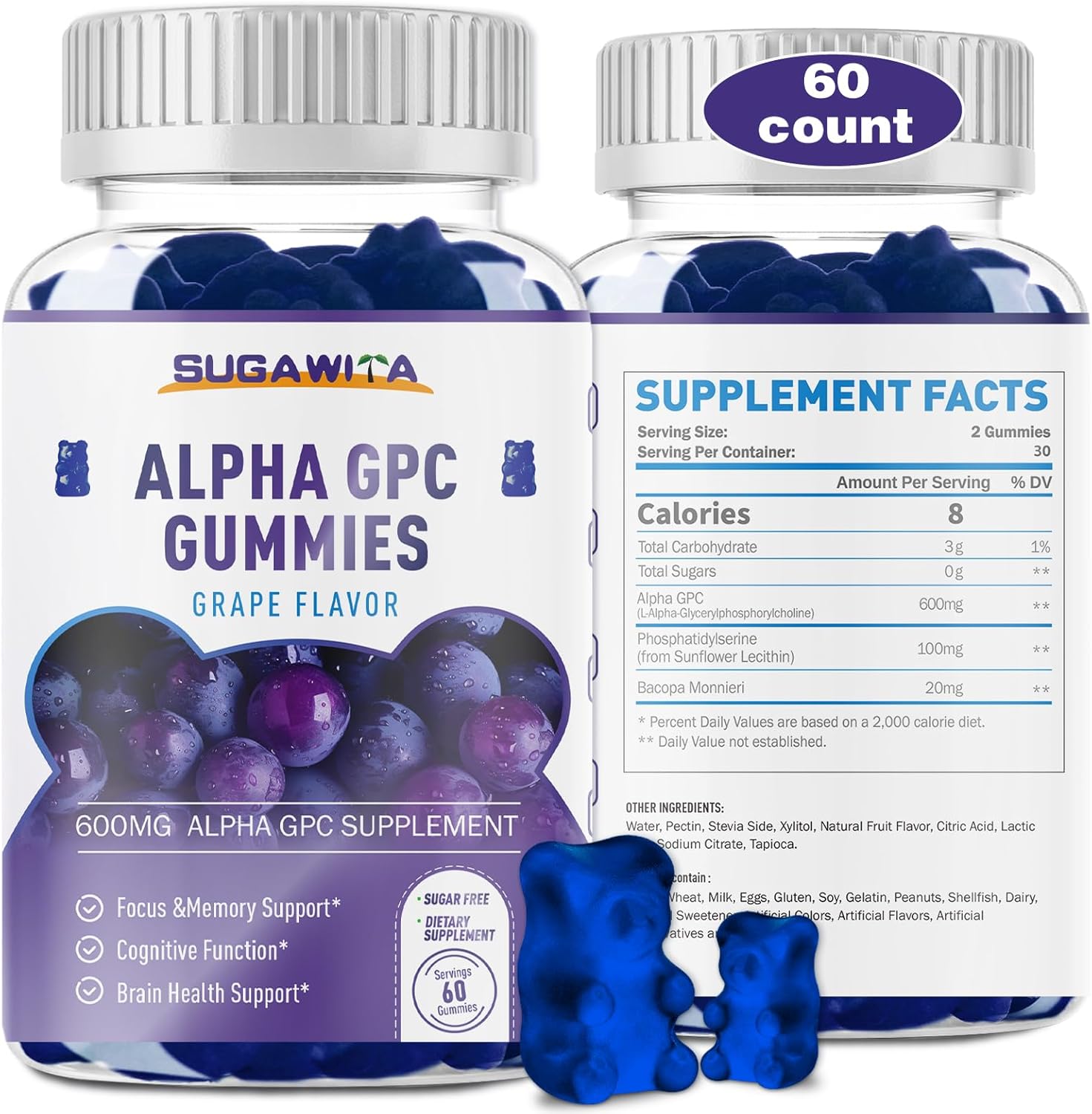 Alpha GPC and Phosphatidylserine Brain Gummies with Bacopa - Memory, Focus, and Brain Health Support, 600mg, 60 Count