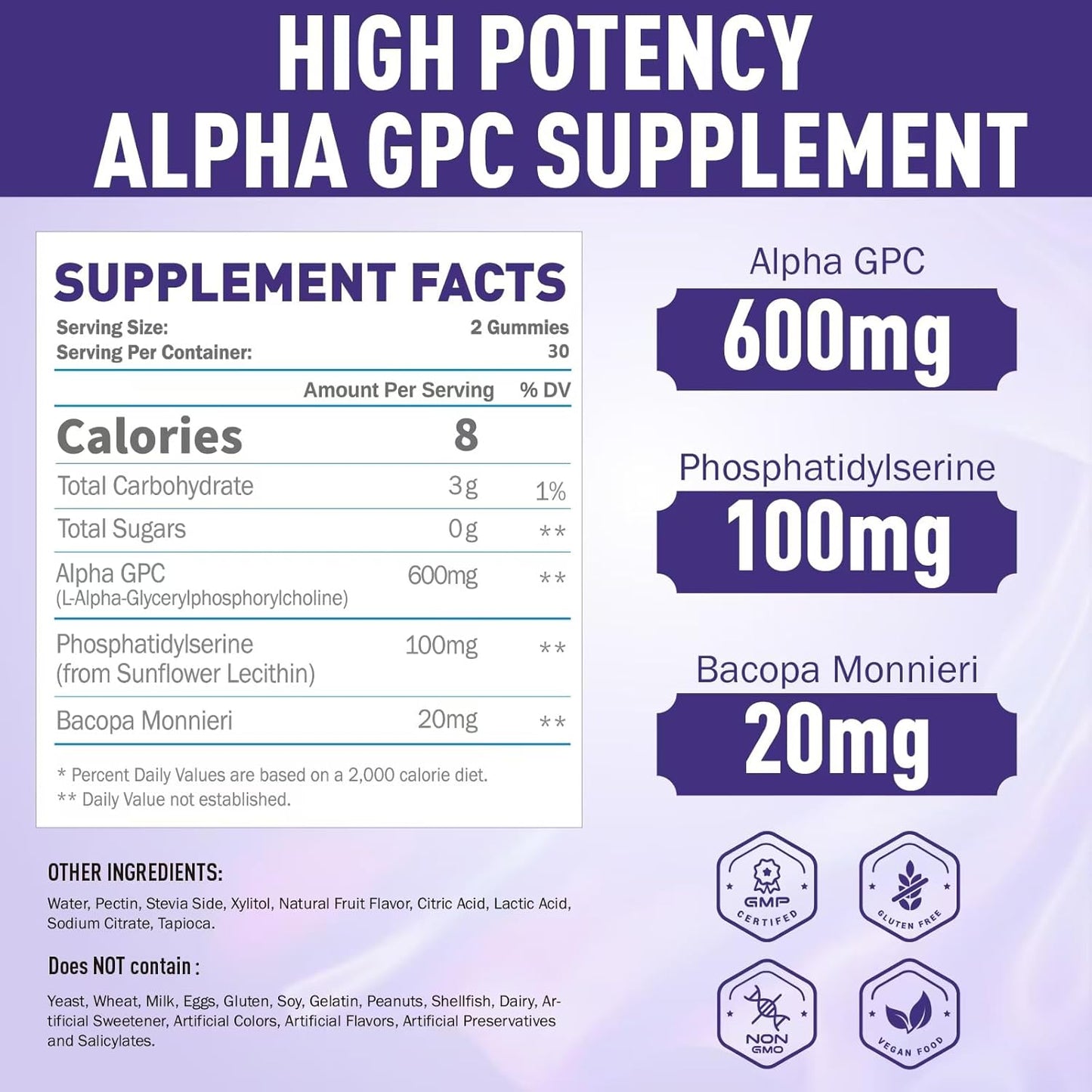Alpha GPC and Phosphatidylserine Brain Gummies with Bacopa - Memory, Focus, and Brain Health Support, 600mg, 60 Count