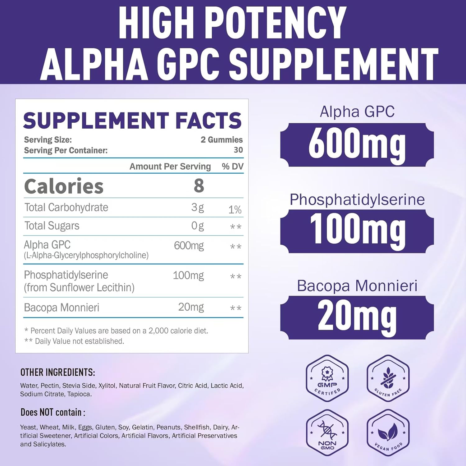 Alpha GPC and Phosphatidylserine Brain Gummies with Bacopa - Memory, Focus, and Brain Health Support, 600mg, 60 Count