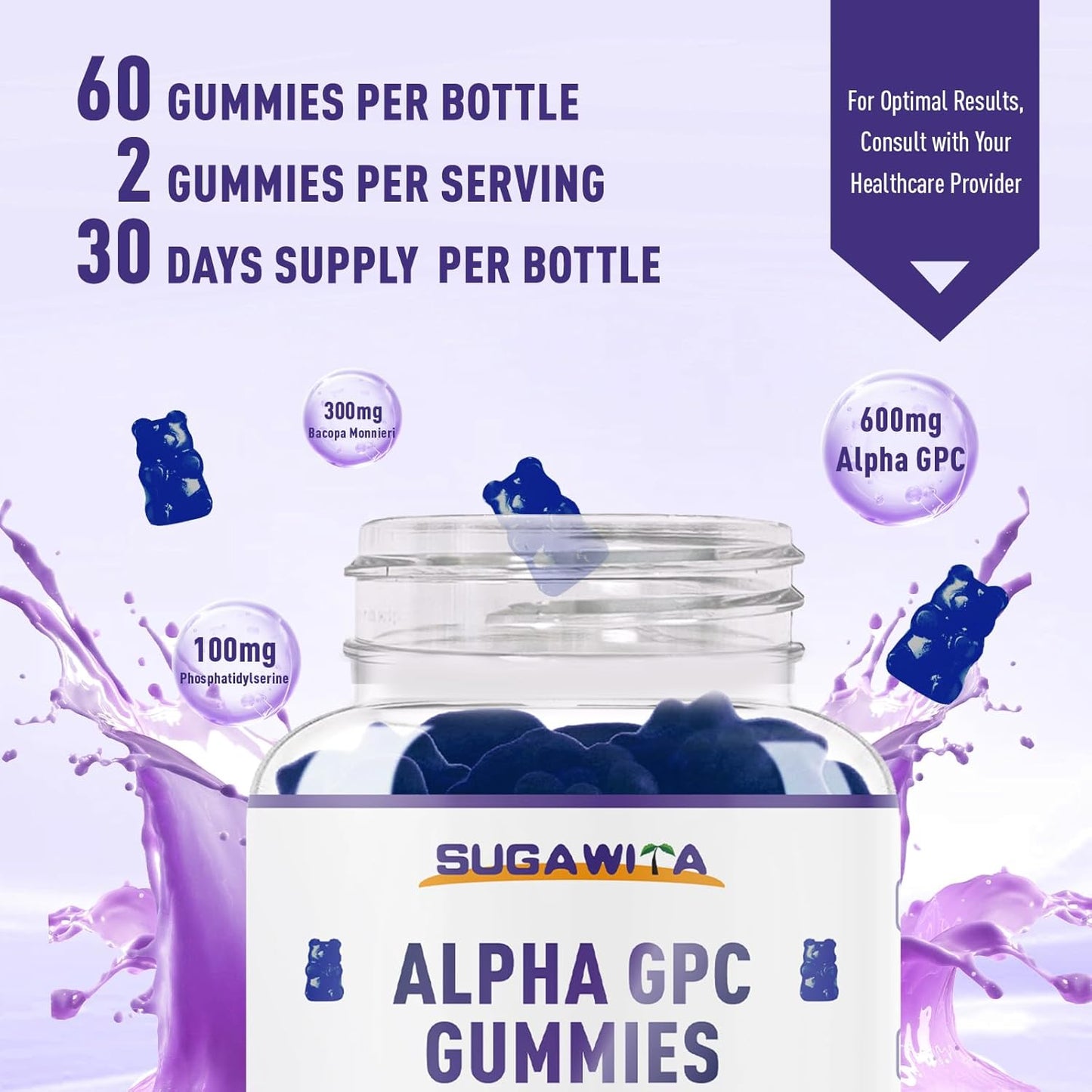 Alpha GPC and Phosphatidylserine Brain Gummies with Bacopa - Memory, Focus, and Brain Health Support, 600mg, 60 Count