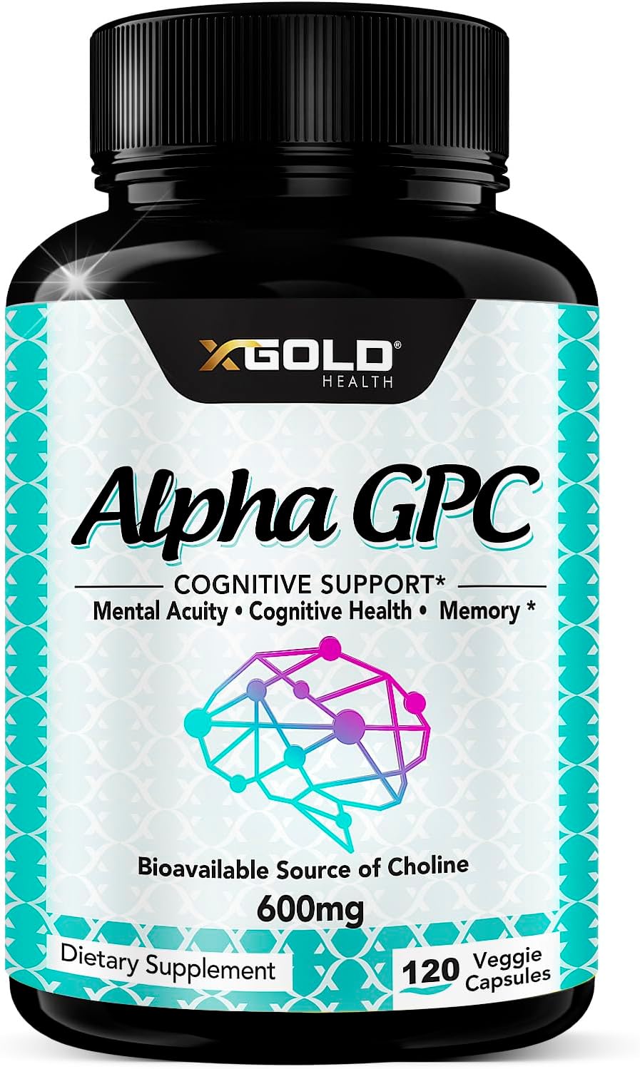 Alpha GPC Choline Supplement 600mg - Highly Purified Cognitive Enhancer Nootropic - 120 Veggie Capsules - Supports Memory, Brain Function, Focus, and Mood
