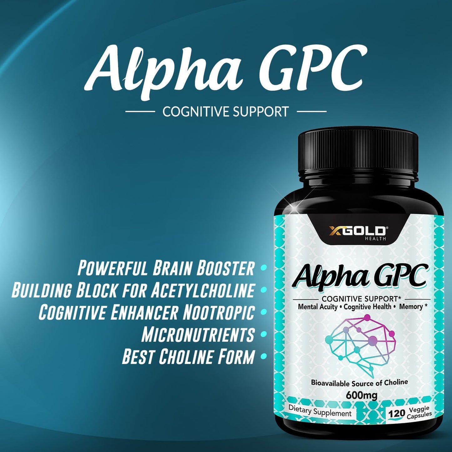 Alpha GPC Choline Supplement 600mg - Highly Purified Cognitive Enhancer Nootropic - 120 Veggie Capsules - Supports Memory, Brain Function, Focus, and Mood