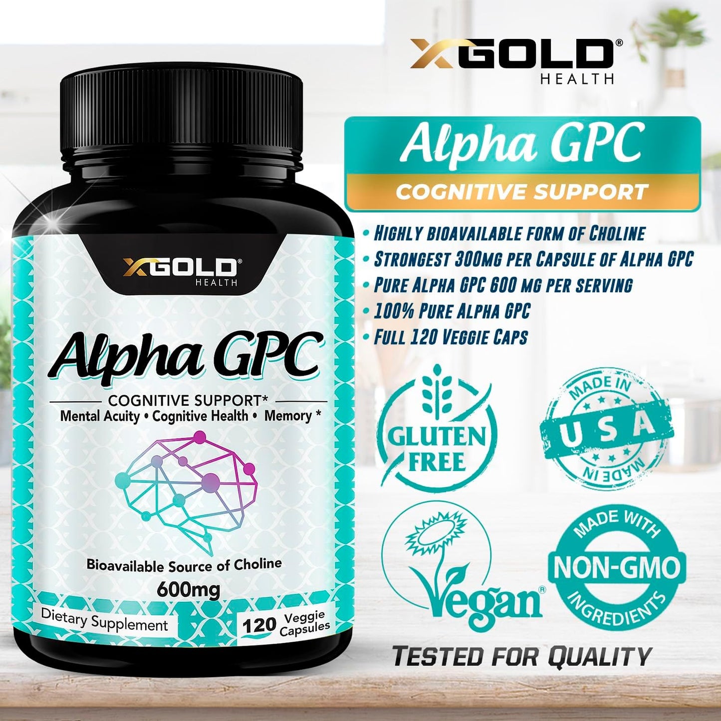 Alpha GPC Choline Supplement 600mg - Highly Purified Cognitive Enhancer Nootropic - 120 Veggie Capsules - Supports Memory, Brain Function, Focus, and Mood