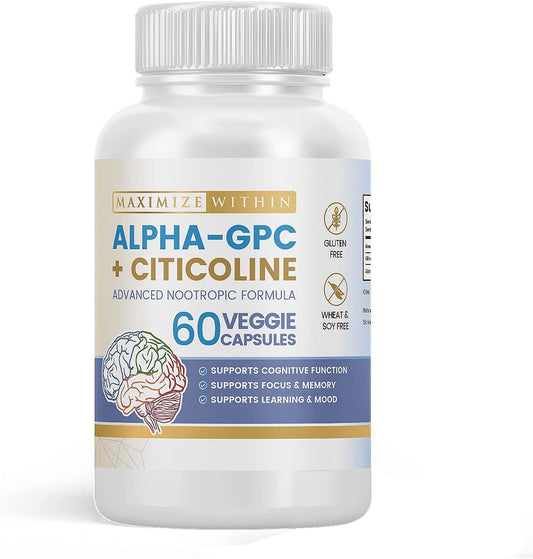 Alpha GPC + Citicoline 1600mg Nootropic Concentrated Formula for Memory, Focus, Mood & Energy - 60 Ct, 99% Pure & Bioavailable