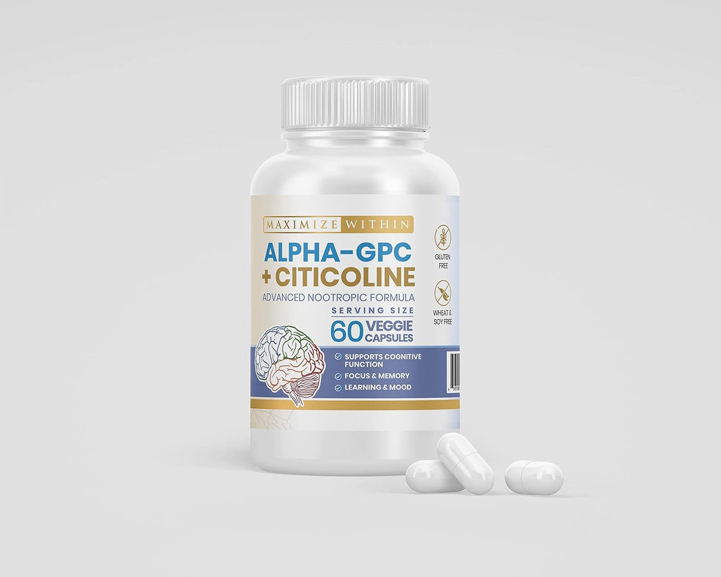 Alpha GPC + Citicoline 1600mg Nootropic Concentrated Formula for Memory, Focus, Mood & Energy - 60 Ct, 99% Pure & Bioavailable