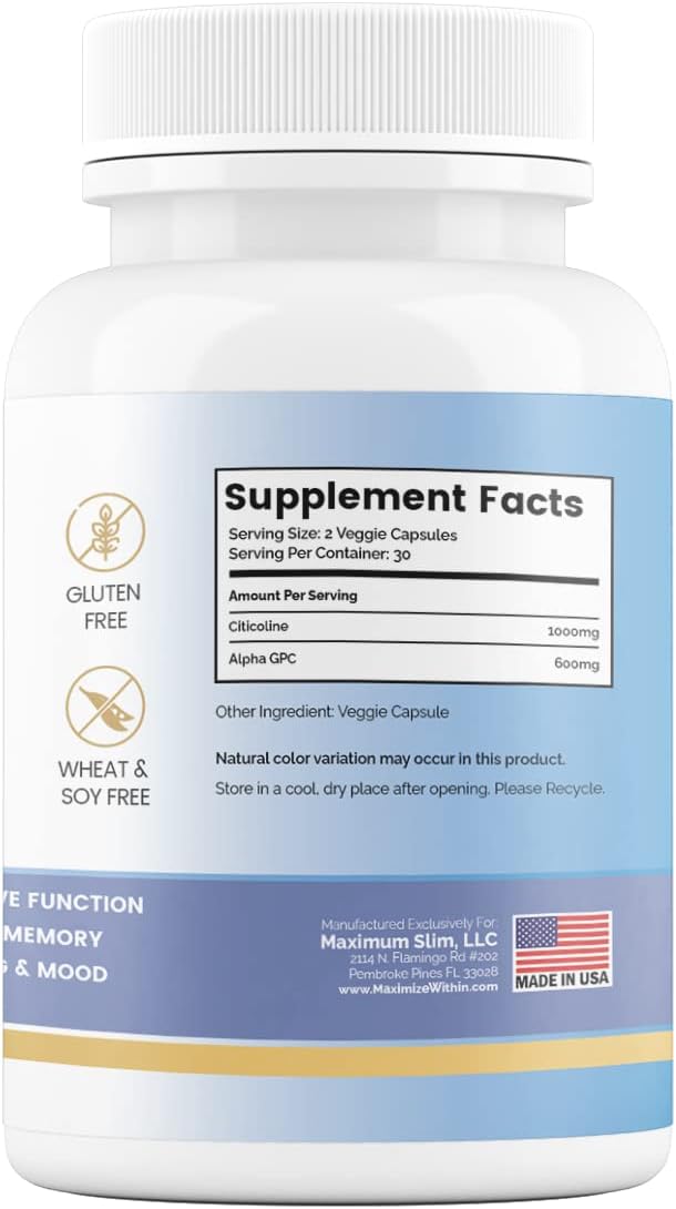 Alpha GPC + Citicoline 1600mg Nootropic Concentrated Formula for Memory, Focus, Mood & Energy - 60 Ct, 99% Pure & Bioavailable