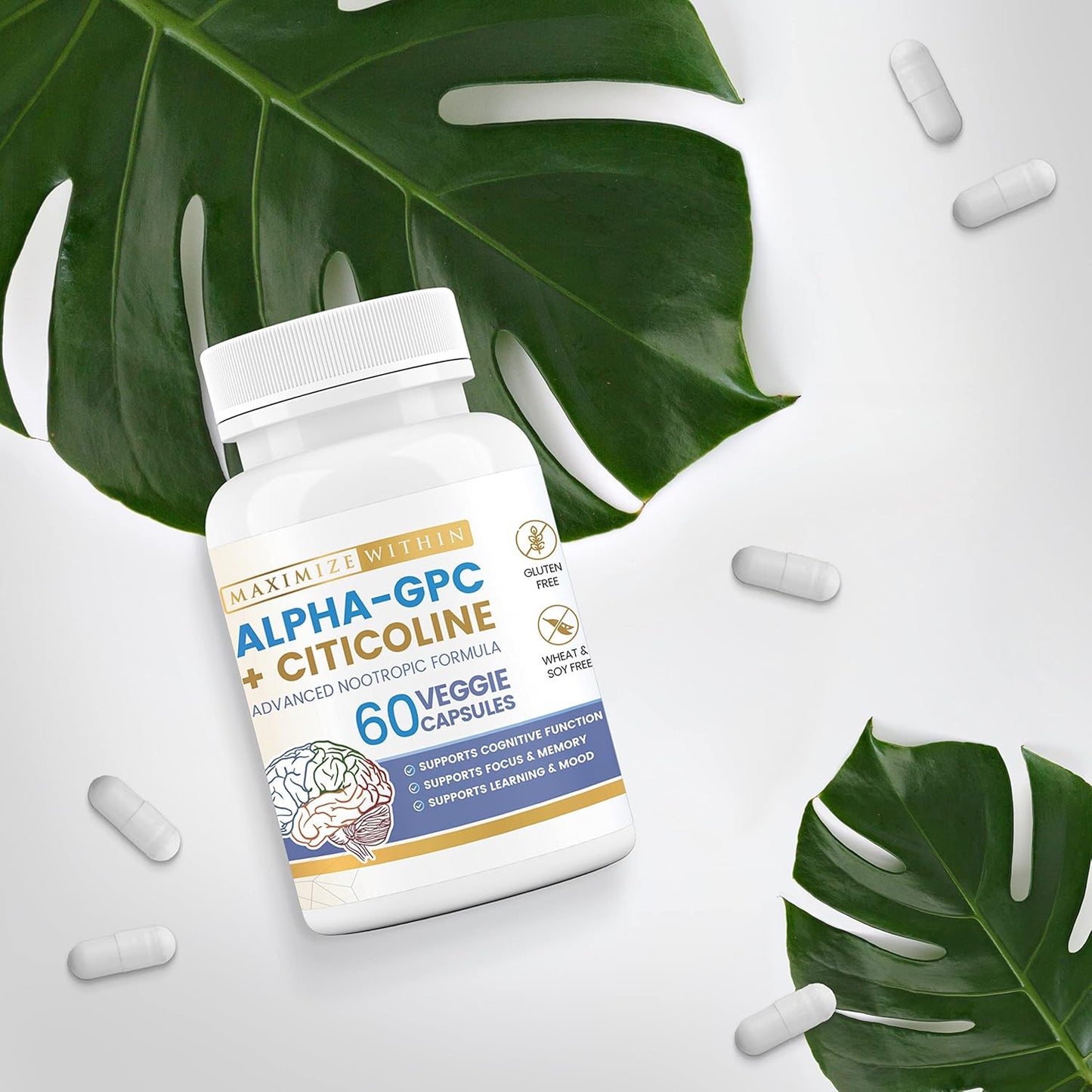 Alpha GPC + Citicoline 1600mg Nootropic Concentrated Formula for Memory, Focus, Mood & Energy - 60 Ct, 99% Pure & Bioavailable