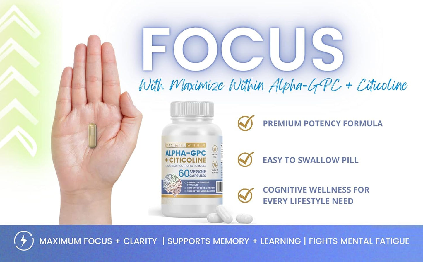 Alpha GPC + Citicoline 1600mg Nootropic Concentrated Formula for Memory, Focus, Mood & Energy - 60 Ct, 99% Pure & Bioavailable