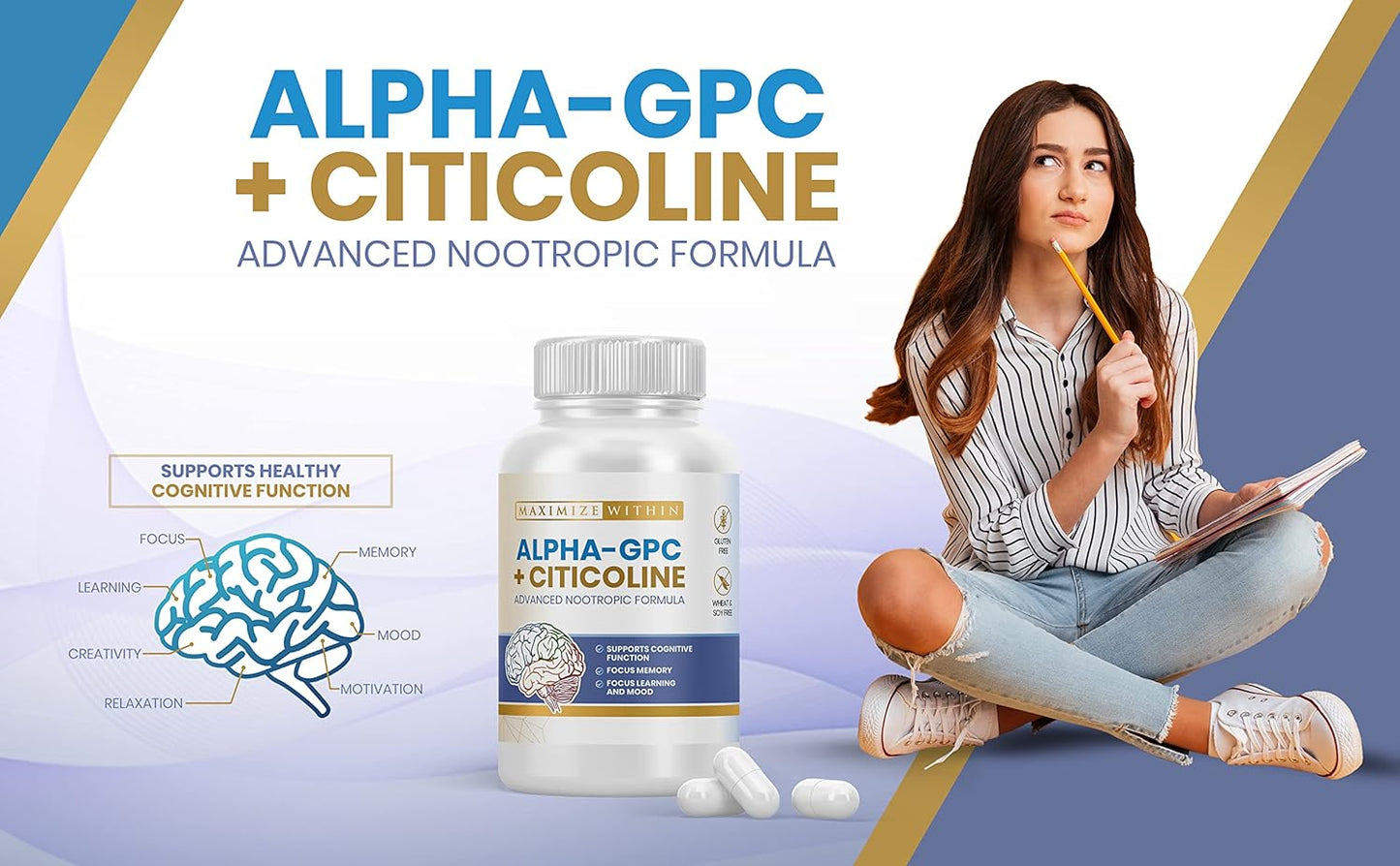 Alpha GPC + Citicoline 1600mg Nootropic Concentrated Formula for Memory, Focus, Mood & Energy - 60 Ct, 99% Pure & Bioavailable