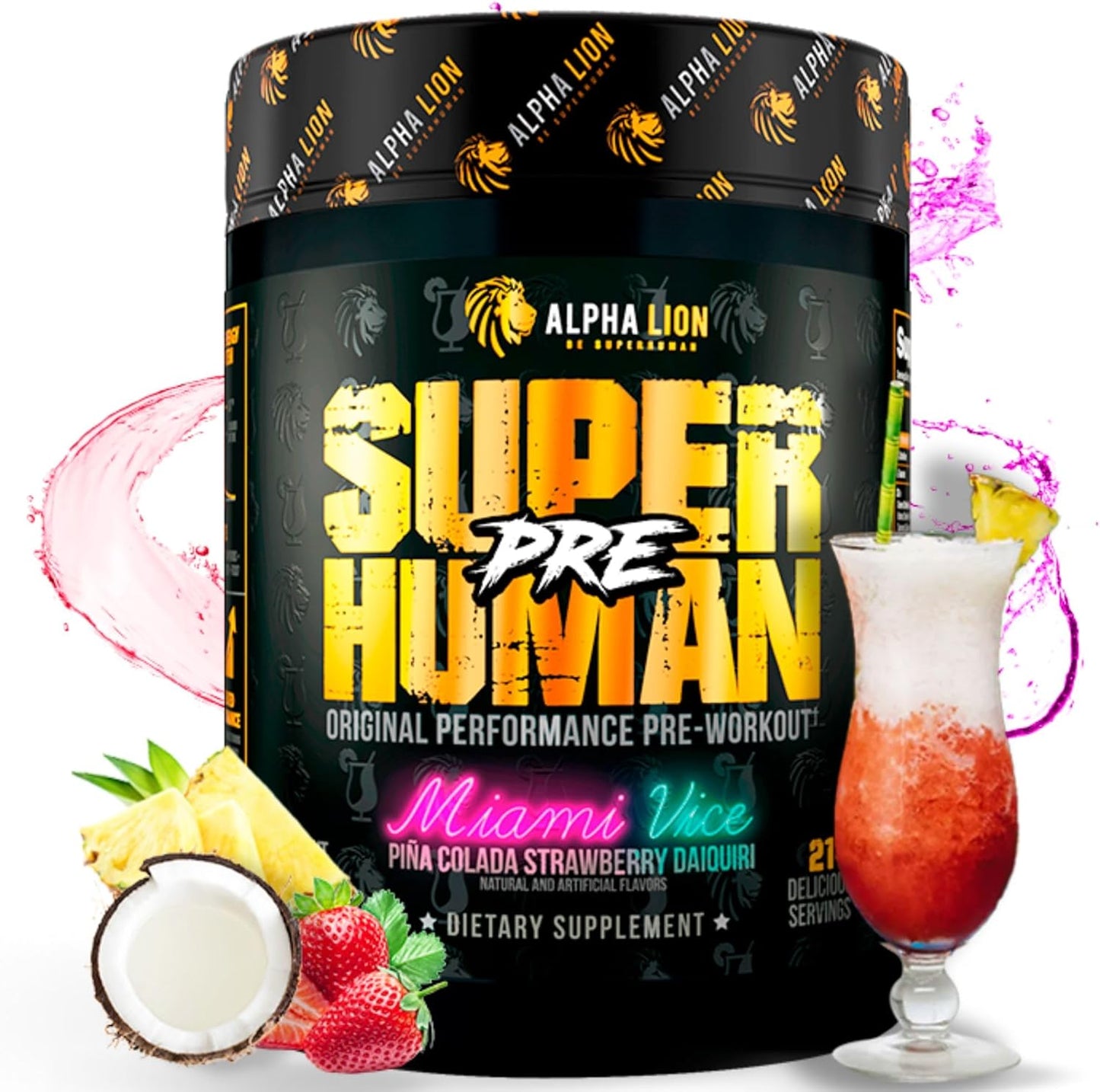 Alpha Lion Superhuman Pre Workout Powder - Energy, Focus, and Pump Blend with Beta Alanine, L-Taurine, Caffeine, Nitric Oxide, and Citrulline (21 Servings, Miami Vice)