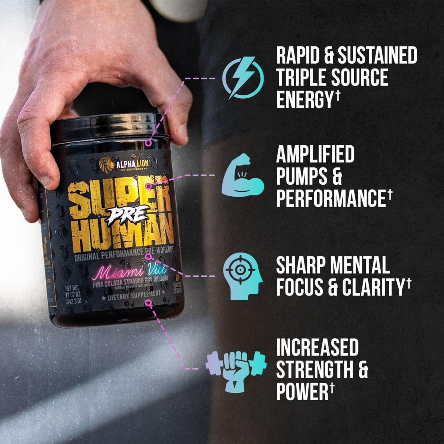 Alpha Lion Superhuman Pre Workout Powder - Energy, Focus, and Pump Blend with Beta Alanine, L-Taurine, Caffeine, Nitric Oxide, and Citrulline (21 Servings, Miami Vice)