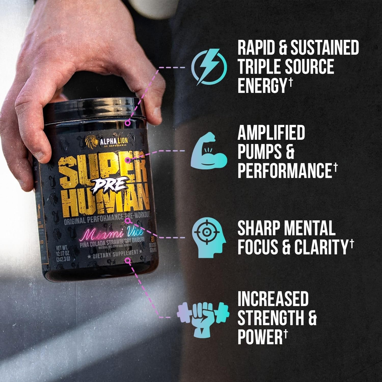 Alpha Lion Superhuman Pre Workout Powder - Energy, Focus, and Pump Blend with Beta Alanine, L-Taurine, Caffeine, Nitric Oxide, and Citrulline (21 Servings, Miami Vice)