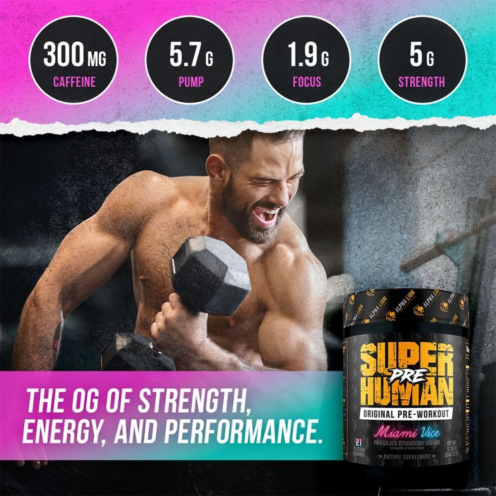 Alpha Lion Superhuman Pre Workout Powder - Energy, Focus, and Pump Blend with Beta Alanine, L-Taurine, Caffeine, Nitric Oxide, and Citrulline (21 Servings, Miami Vice)