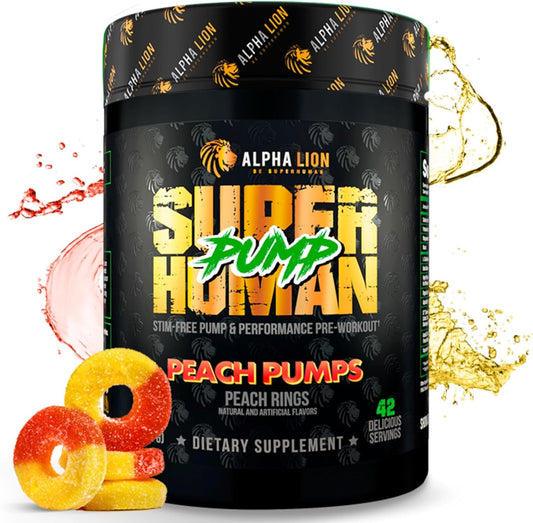 Alpha Lion Superhuman Pump Pre Workout Powder - Nootropic Caffeine & Stimulant-Free Supplement for Nitric Oxide Boost, Muscle Gain, Energy & Focus - Peach Pumps Flavor - 42 Servings