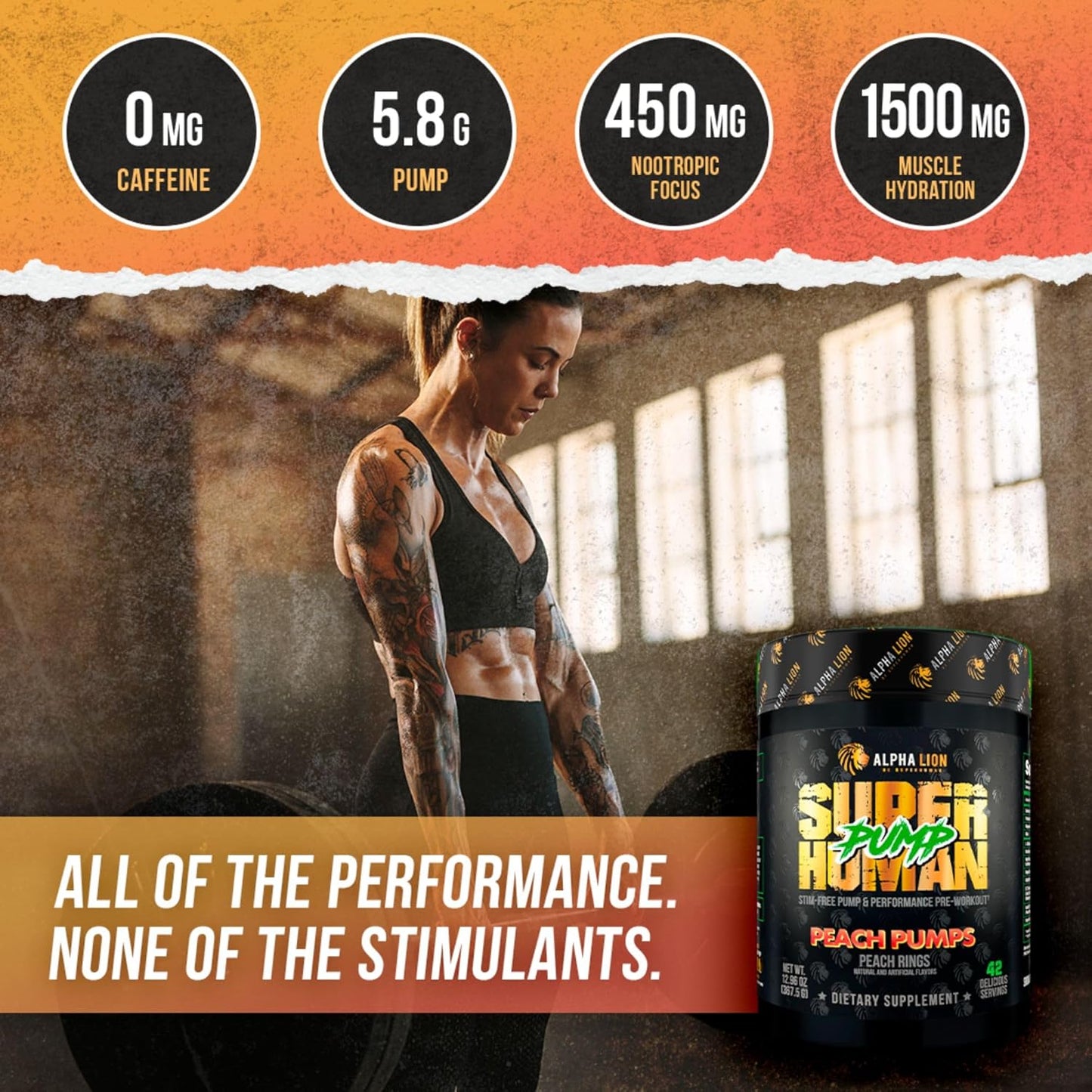 Alpha Lion Superhuman Pump Pre Workout Powder - Nootropic Caffeine & Stimulant-Free Supplement for Nitric Oxide Boost, Muscle Gain, Energy & Focus - Peach Pumps Flavor - 42 Servings