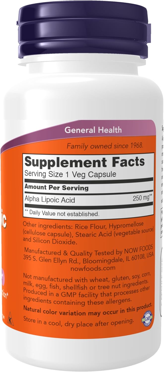 Alpha Lipoic Acid 250 mg Supplements for Glutathione Production and Free Radical Protection - 60 Veg Capsules by NOW Foods