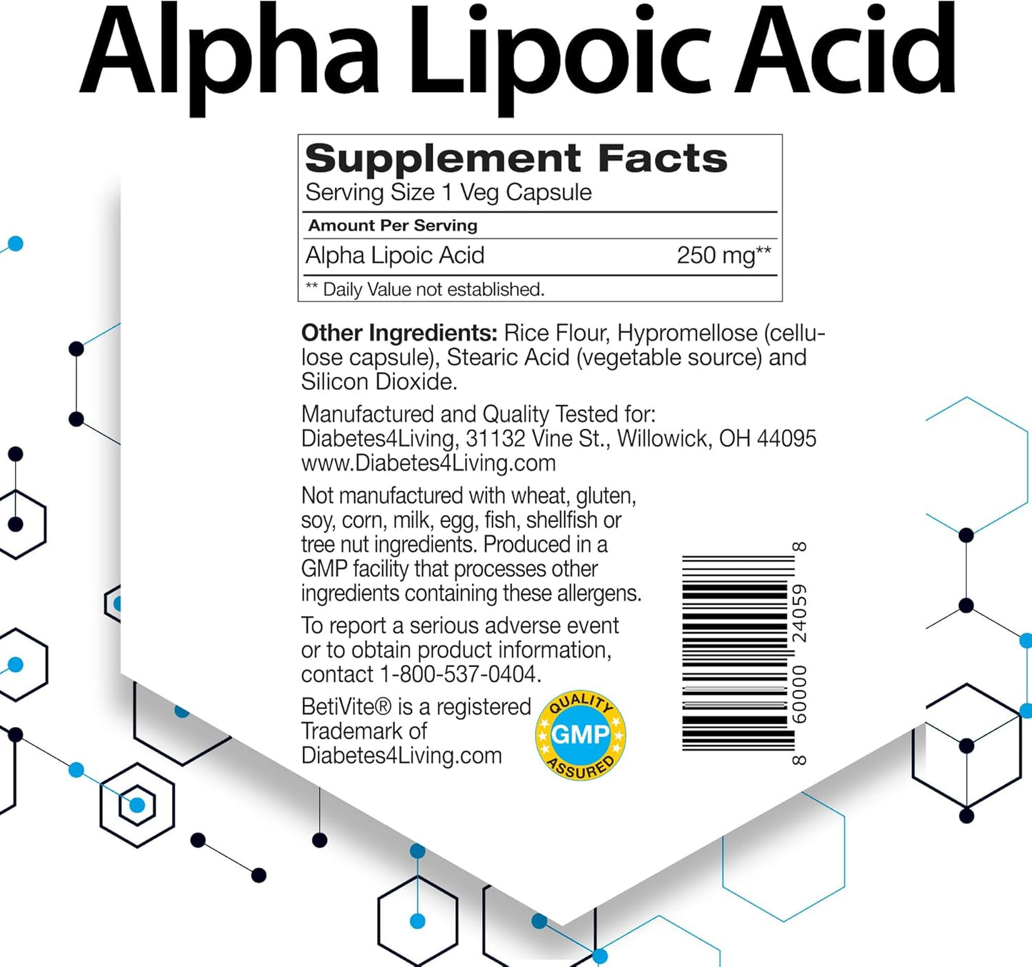 Alpha Lipoic Acid 250mg Supplements - 60 Vegetarian Capsules by BetiVite