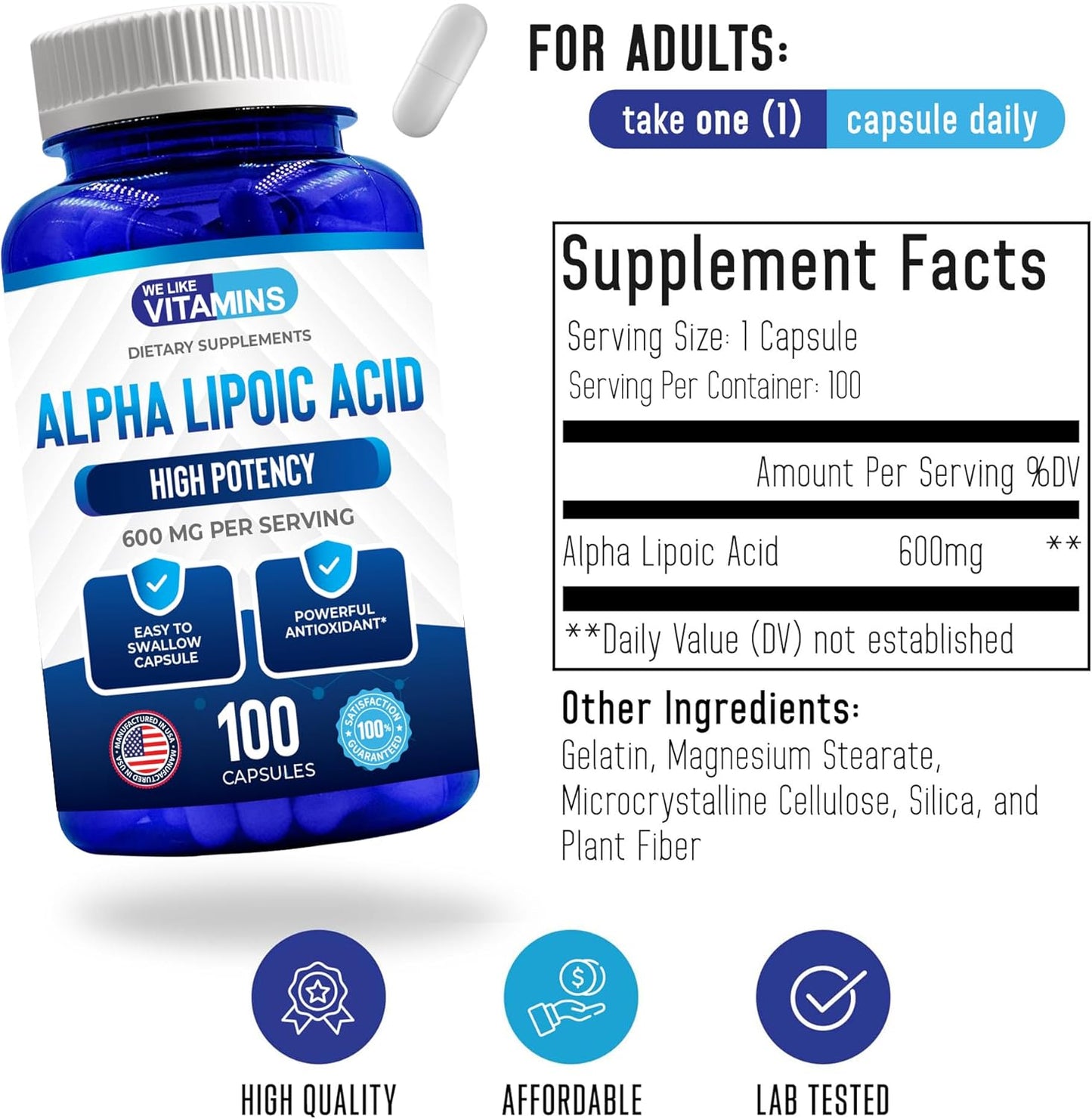 Alpha Lipoic Acid 600mg Capsules - 100 Servings for Joint and Antioxidant Support with Free Radical Protection