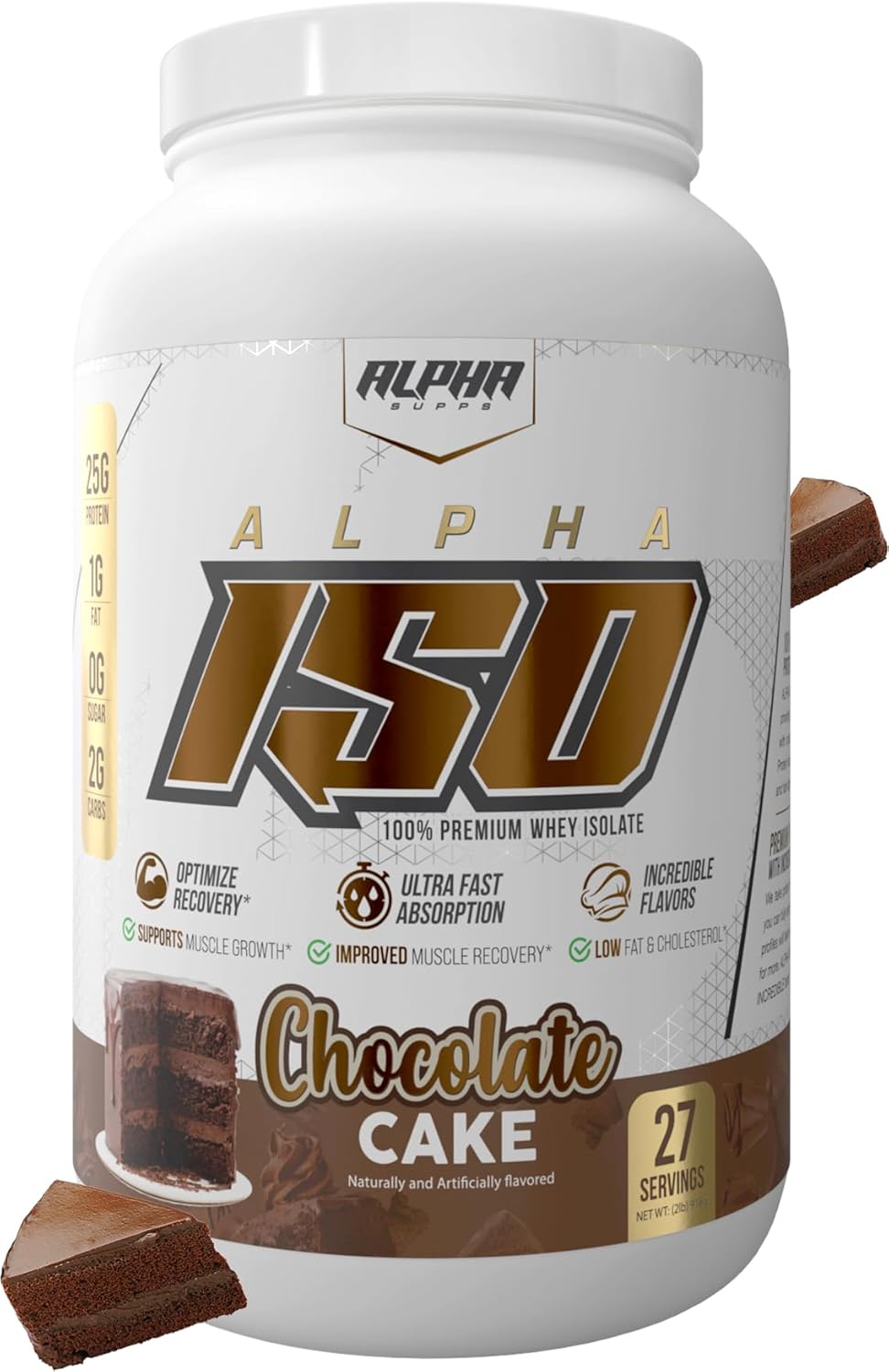 Alpha Supps ISO Chocolate Cake Flavor 100% Whey Protein Isolate Powder - 25g Protein, Muscle Growth Support, Low Carb & Sugar, Gluten Free - 2 lb
