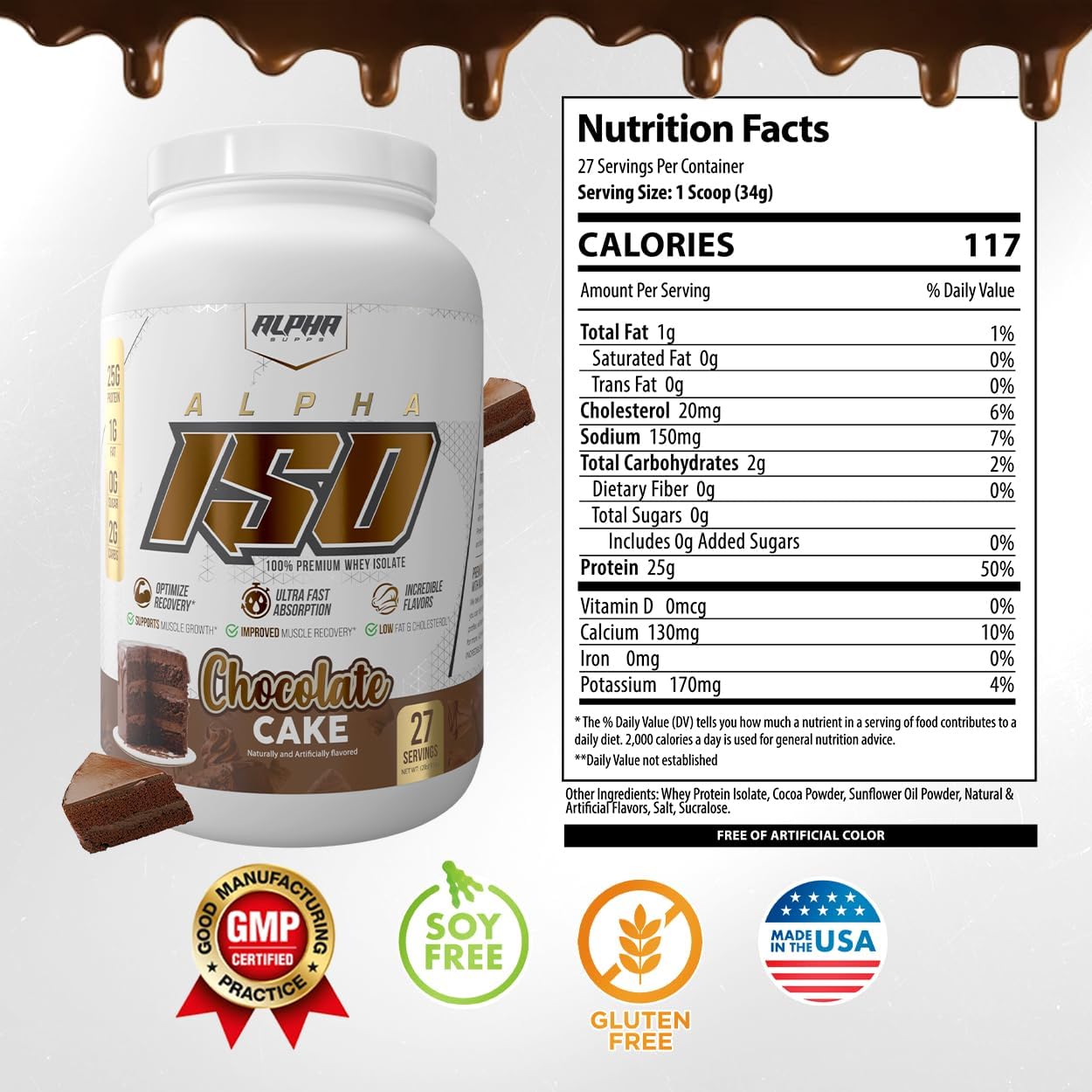 Alpha Supps ISO Chocolate Cake Flavor 100% Whey Protein Isolate Powder - 25g Protein, Muscle Growth Support, Low Carb & Sugar, Gluten Free - 2 lb