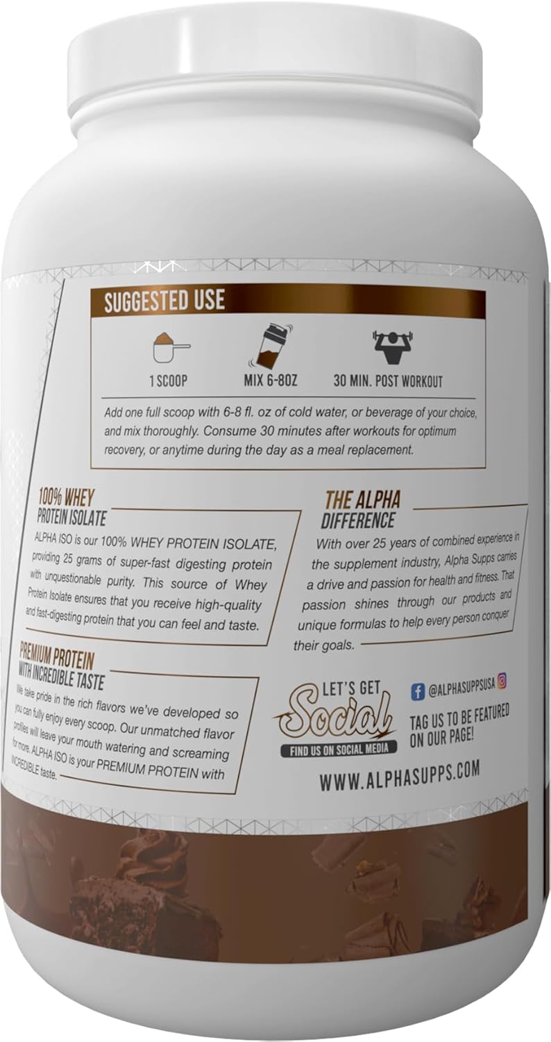 Alpha Supps ISO Chocolate Cake Flavor 100% Whey Protein Isolate Powder - 25g Protein, Muscle Growth Support, Low Carb & Sugar, Gluten Free - 2 lb
