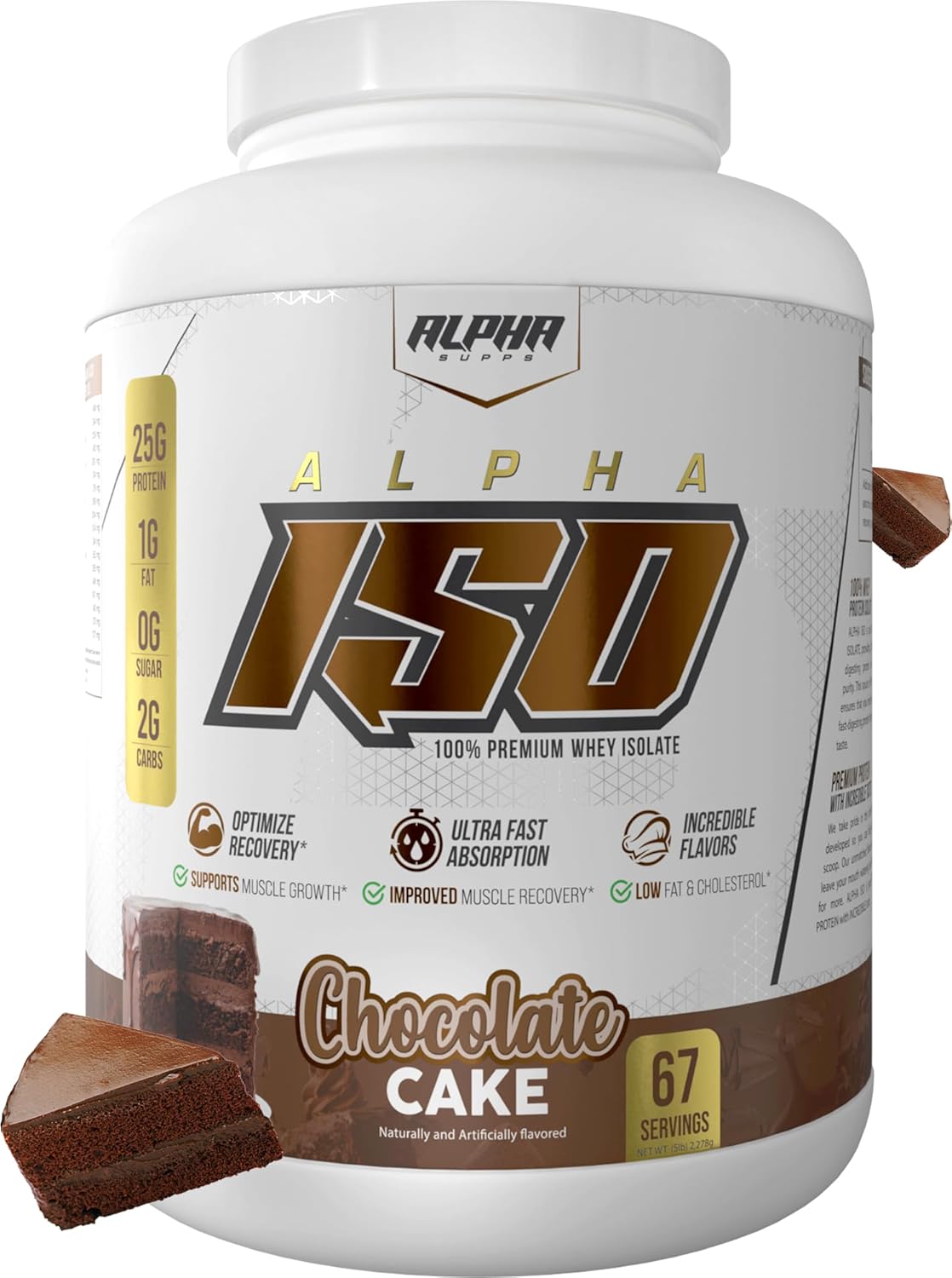 Alpha Supps ISO Chocolate Cake Whey Protein Isolate Powder - 5 lb, 25g Per Serving, Supports Muscle Growth, Low Carb & Gluten Free