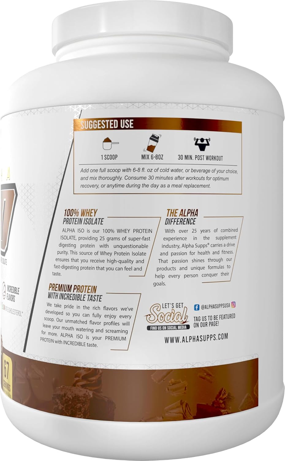 Alpha Supps ISO Chocolate Cake Whey Protein Isolate Powder - 5 lb, 25g Per Serving, Supports Muscle Growth, Low Carb & Gluten Free