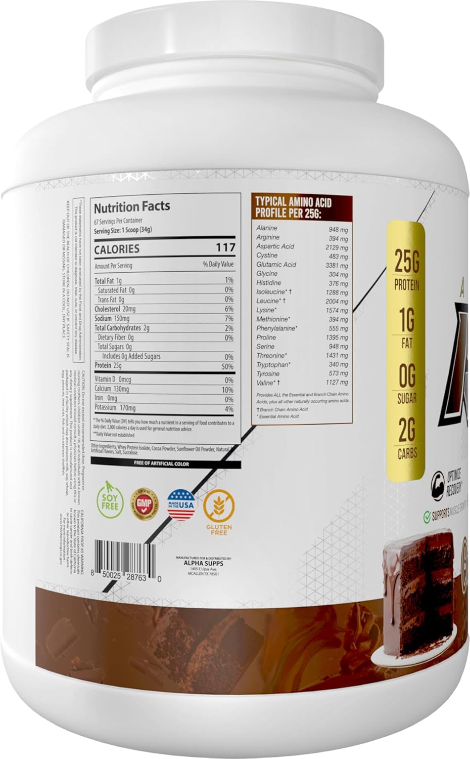 Alpha Supps ISO Chocolate Cake Whey Protein Isolate Powder - 5 lb, 25g Per Serving, Supports Muscle Growth, Low Carb & Gluten Free