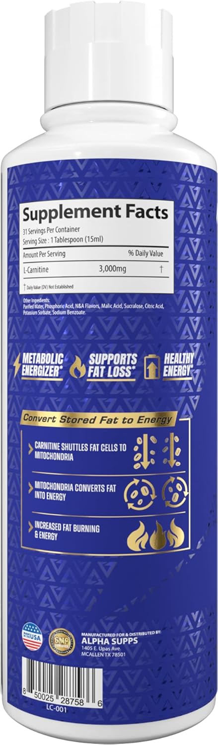 Alpha Supps L-Carnitine Liquid 3000mg | Amino Acid Supplement | Watermelon Flavor | 31 Servings