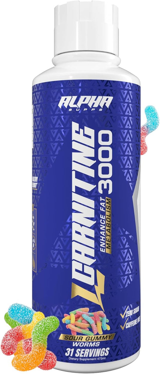 Alpha Supps L-Carnitine Liquid Supplement - 3000 mg | Stimulant-Free Amino Acid | 31 Servings - Sour Gummy Worms Flavor