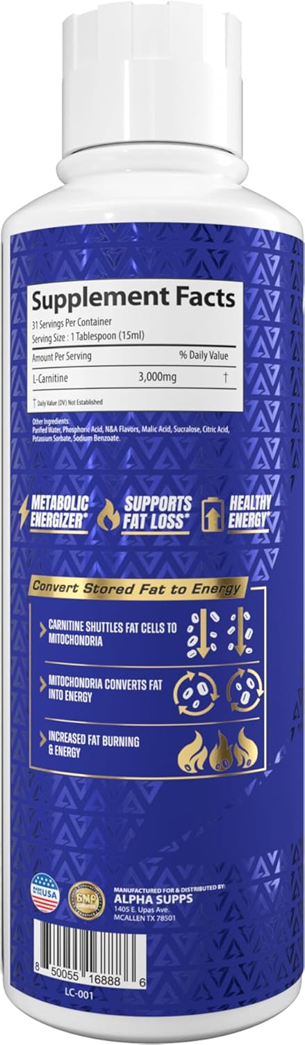 Alpha Supps L-Carnitine Liquid Supplement - 3000 mg | Stimulant-Free Amino Acid | 31 Servings - Sour Gummy Worms Flavor