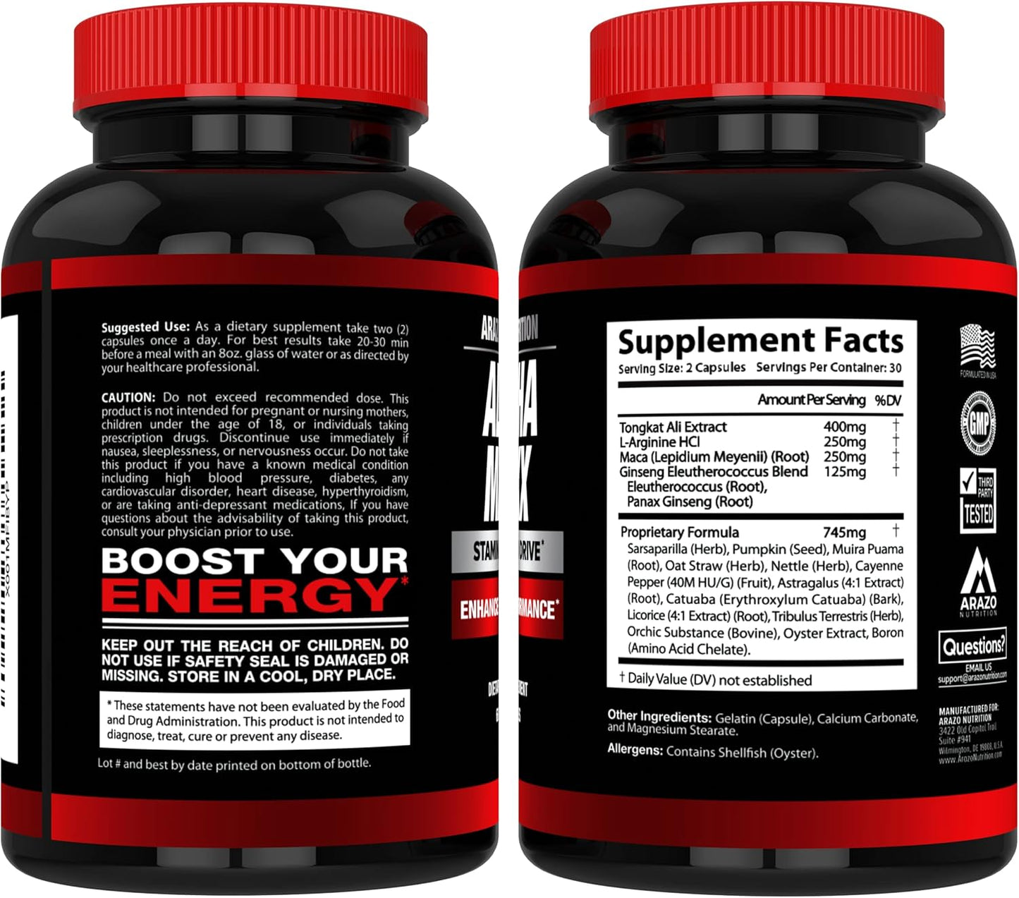 Alphamaxx Health Supplement - Ginseng, Muira Puama, Tribulus - 60 Herbal Pills by Arazo Nutrition