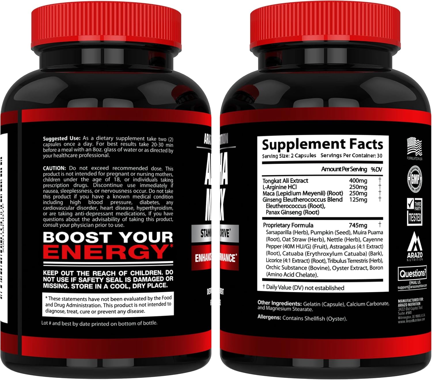 Alphamaxx Health Supplement - Ginseng, Muira Puama, Tribulus - 60 Herbal Pills by Arazo Nutrition
