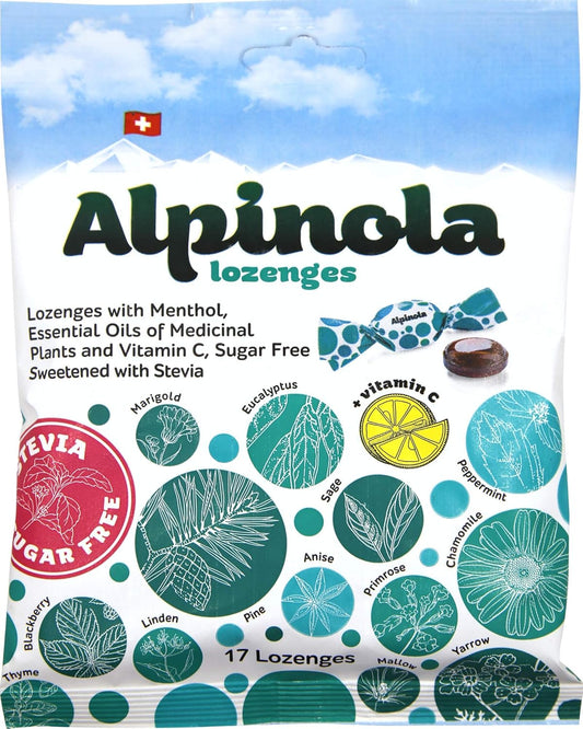 Alpinola Menthol Lozenges with 20 Herbs, Vitamin C, and Sugar-Free Stevia - 17 Count