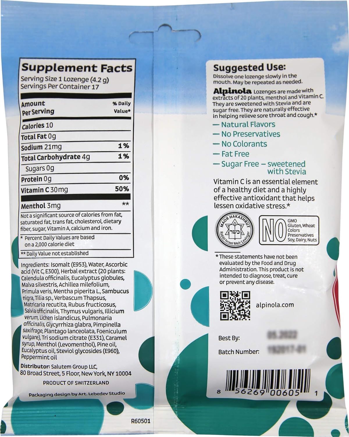 Alpinola Menthol Lozenges with 20 Herbs, Vitamin C, and Sugar-Free Stevia - 17 Count