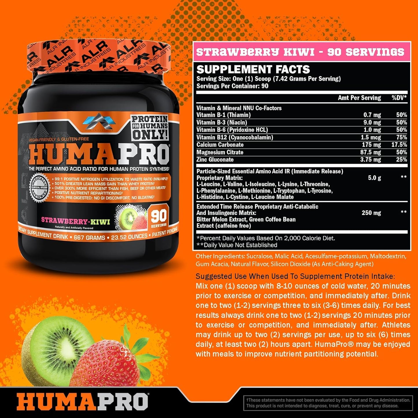 ALR Industries Humapro: Amino Acid Protein Matrix 667g (Strawberry Kiwi) - Vegan & Gluten Free for Lean Muscle Growth