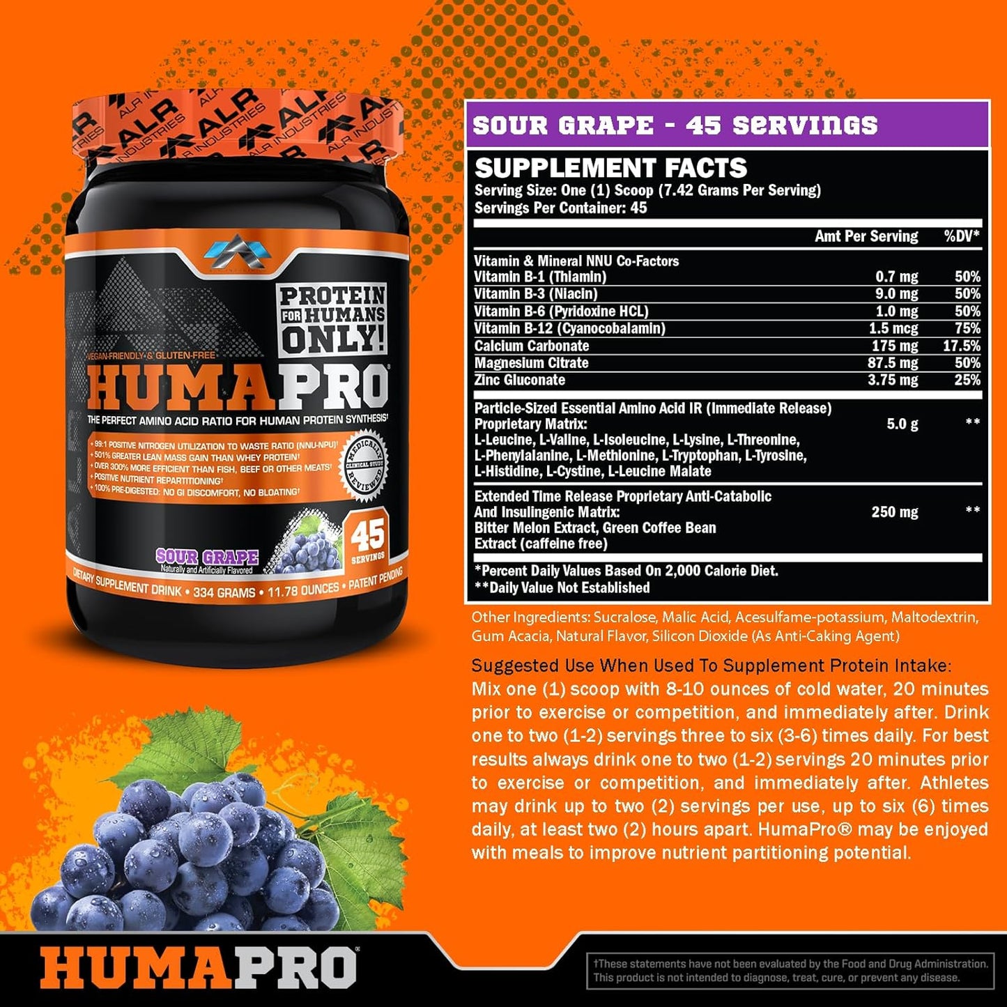 ALR Industries Humapro Amino Acids Protein Matrix | 99% Utilization for Lean Muscle | Vegan, Gluten Free | 334g/45 Servings Sour Grape Flavor