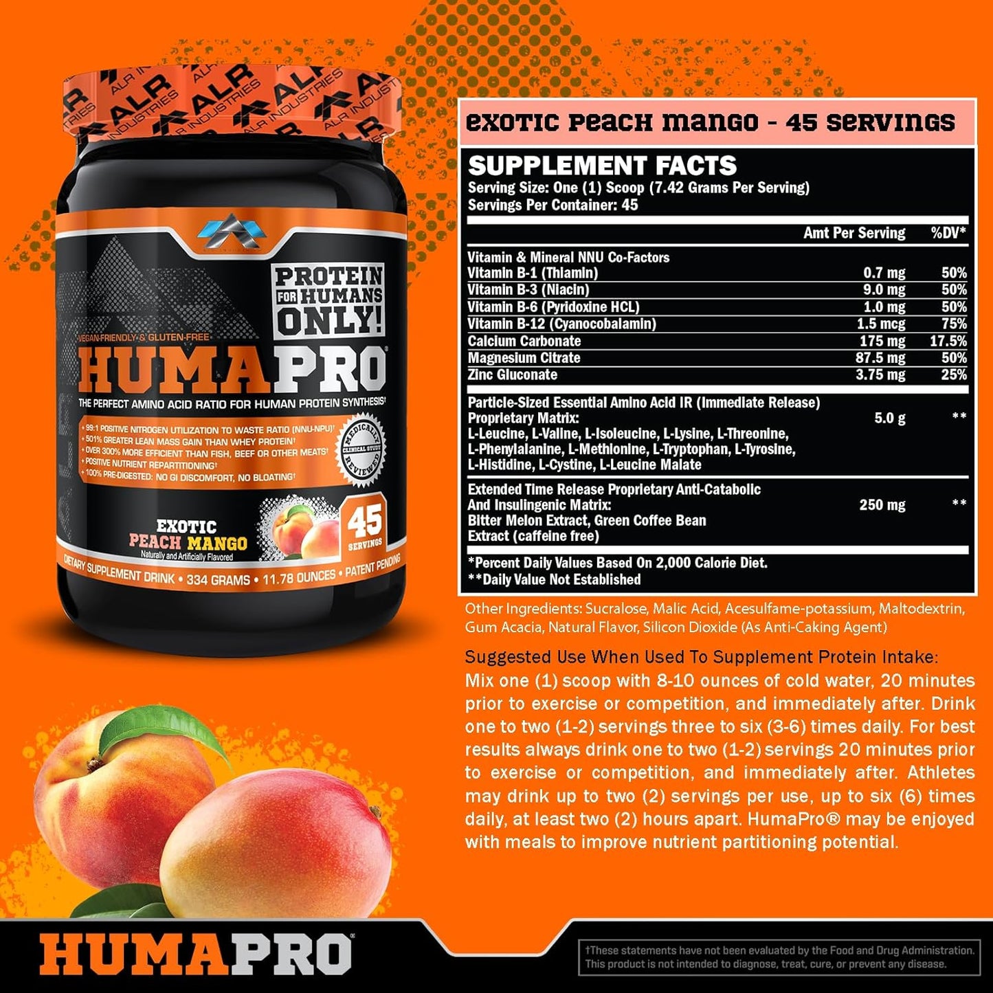 ALR Industries Humapro Amino Acids Protein Matrix | 99% Utilization for Lean Muscle | Vegan, Gluten Free | Exotic Peach Mango Flavor | 334g