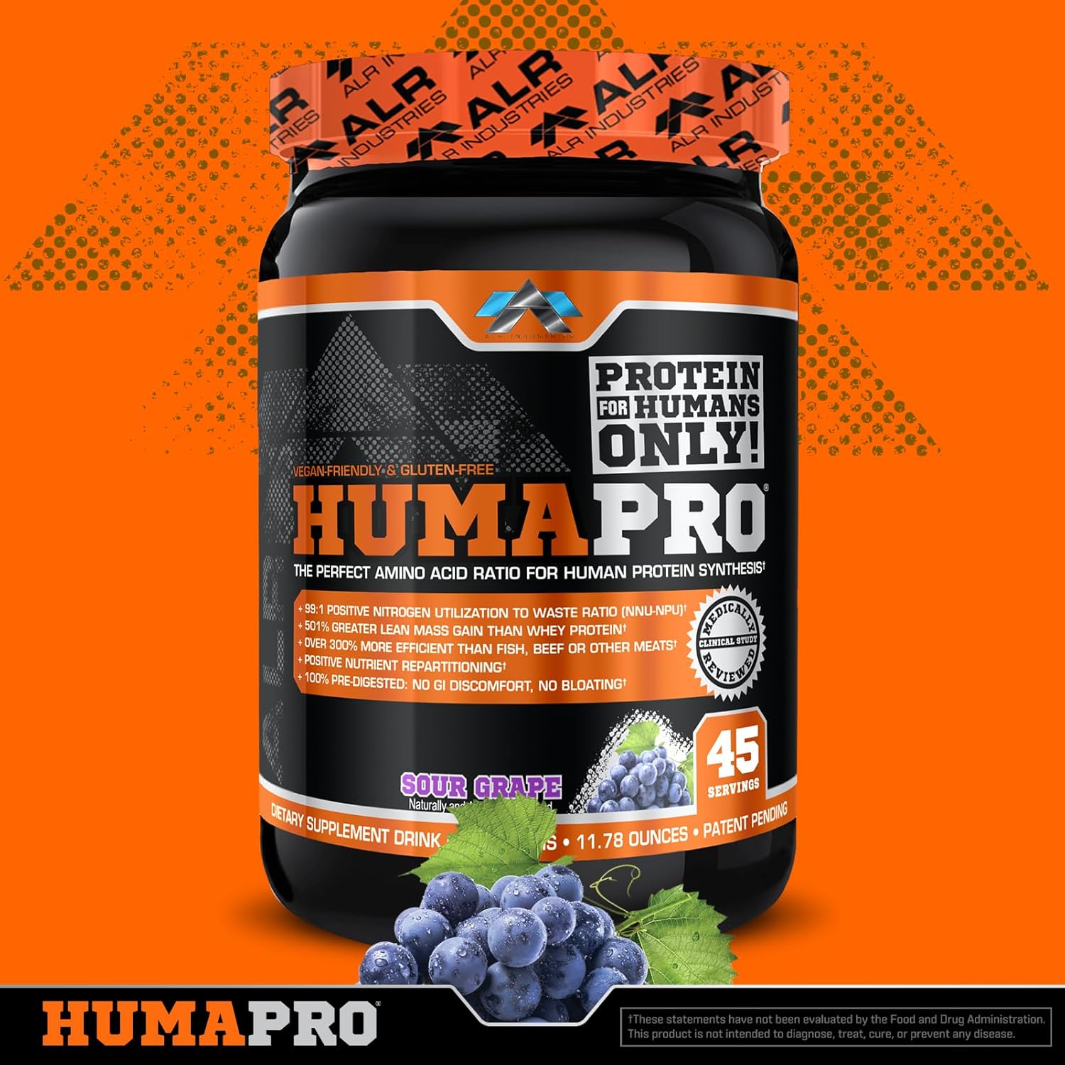 ALR Industries Humapro Amino Acids Protein Matrix | 99% Utilization for Lean Muscle | Vegan, Gluten Free | 334g/45 Servings Sour Grape Flavor
