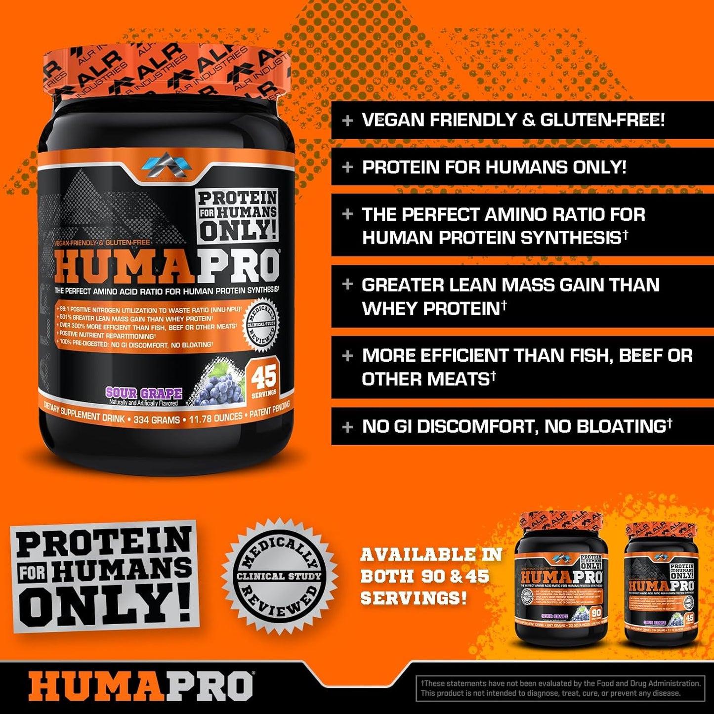 ALR Industries Humapro Amino Acids Protein Matrix | 99% Utilization for Lean Muscle | Vegan, Gluten Free | 334g/45 Servings Sour Grape Flavor